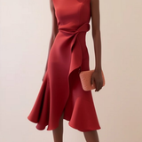 Women's Draped Asymmetrical Midi Dress - Elegant A-Line | Spring - Red