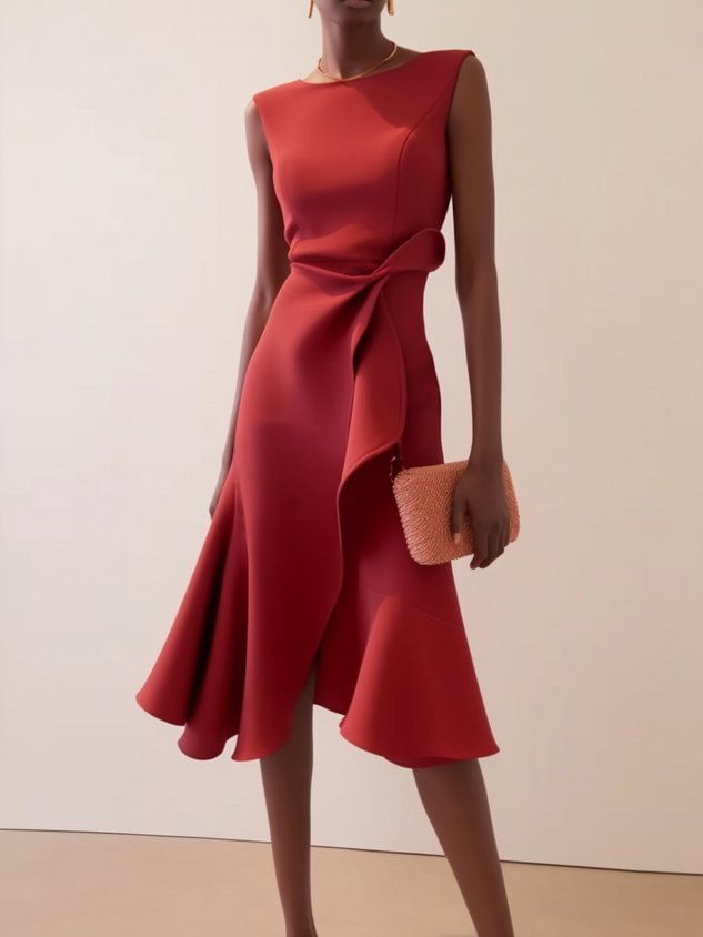 Women's Draped Asymmetrical Midi Dress - Elegant A-Line | Spring - Red