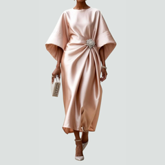 Women's Draped Batwing Midi Dress - Elegant Flowing Style | Autumn - Beige
