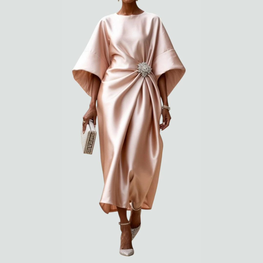 Women's Draped Batwing Midi Dress - Elegant Flowing Style | Autumn - Beige