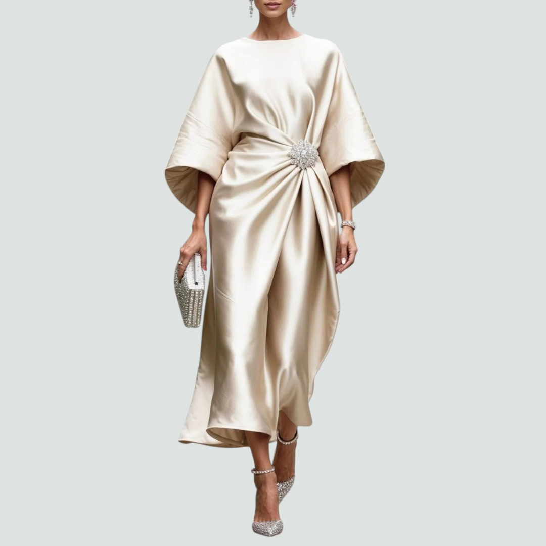 Women's Draped Batwing Midi Dress - Elegant Flowing Style | Autumn - Khaki