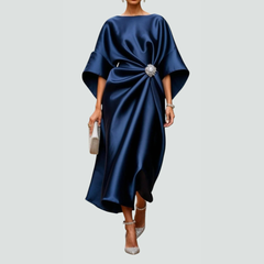 Women's Draped Batwing Midi Dress - Elegant Flowing Style | Autumn - Navy