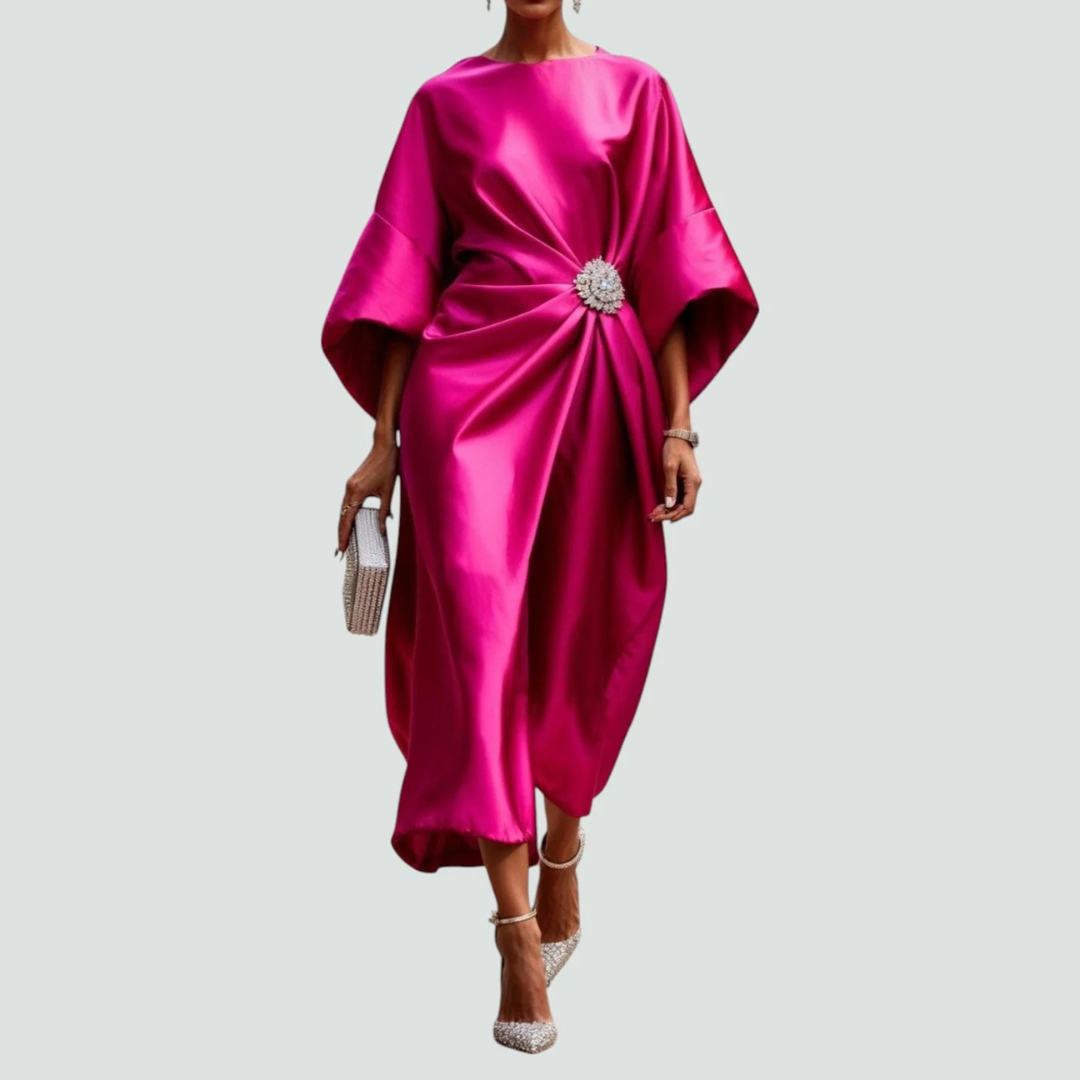 Women's Draped Batwing Midi Dress - Elegant Flowing Style | Autumn - Pink