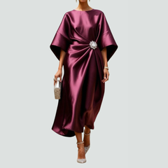 Women's Draped Batwing Midi Dress - Elegant Flowing Style | Autumn - Red