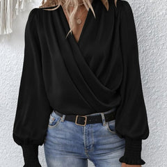 Women's Draped Blouse | V-Neck | Elegant | Autumn - Black