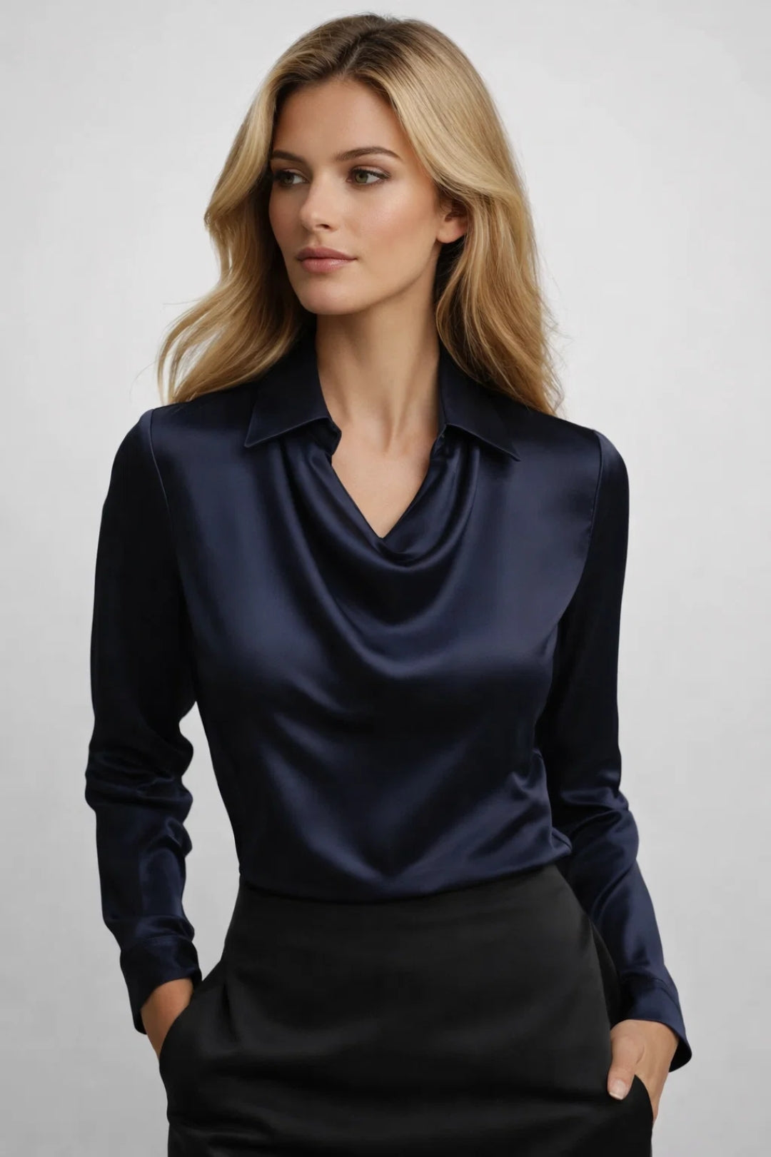 Women's Draped Collar Blouse | Long Sleeve | Autumn - Navy