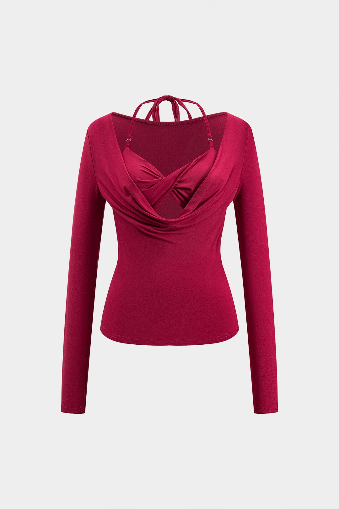Women's Draped Langarm Top | Halter Detail | Spring - Burgundy