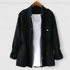 Women's Drawstring Waist Utility Jacket - Snap Pocket Coat | Spring - Black