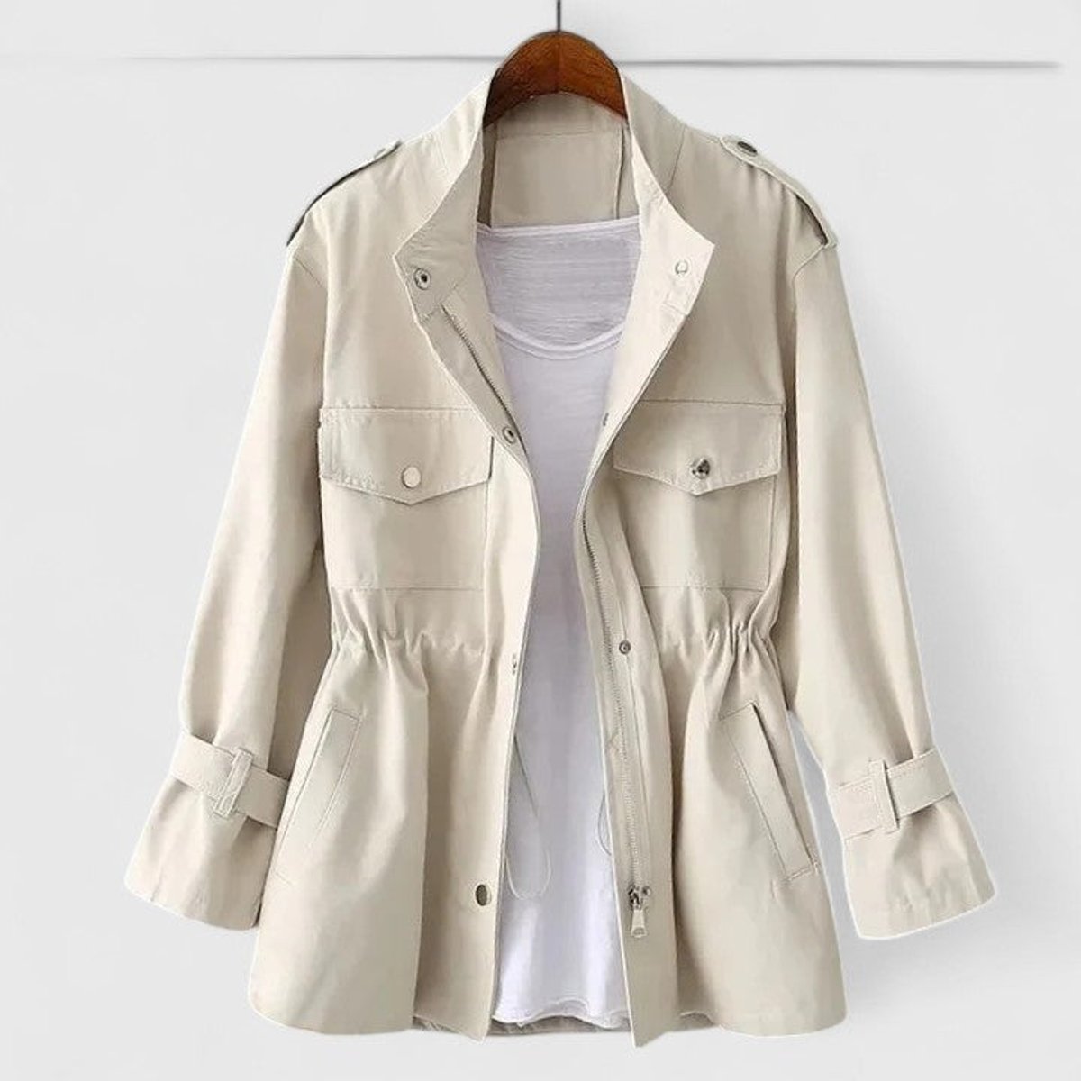 Women's Drawstring Waist Utility Jacket - Snap Pocket Coat | Spring - Cream
