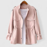 Women's Drawstring Waist Utility Jacket - Snap Pocket Coat | Spring - Pink