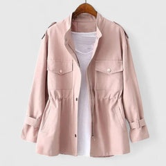 Women's Drawstring Waist Utility Jacket - Snap Pocket Coat | Spring - Pink
