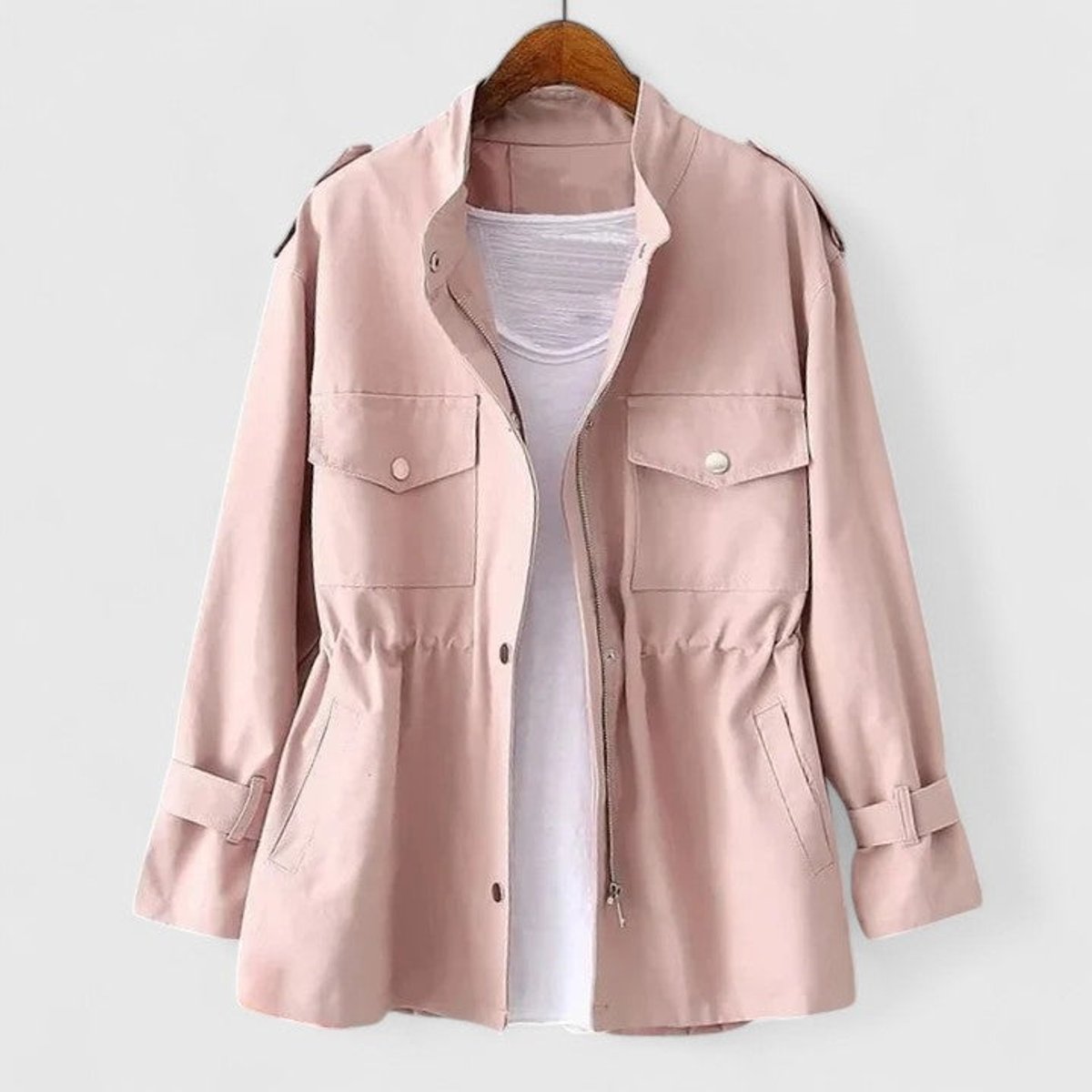 Women's Drawstring Waist Utility Jacket - Snap Pocket Coat | Spring - Pink