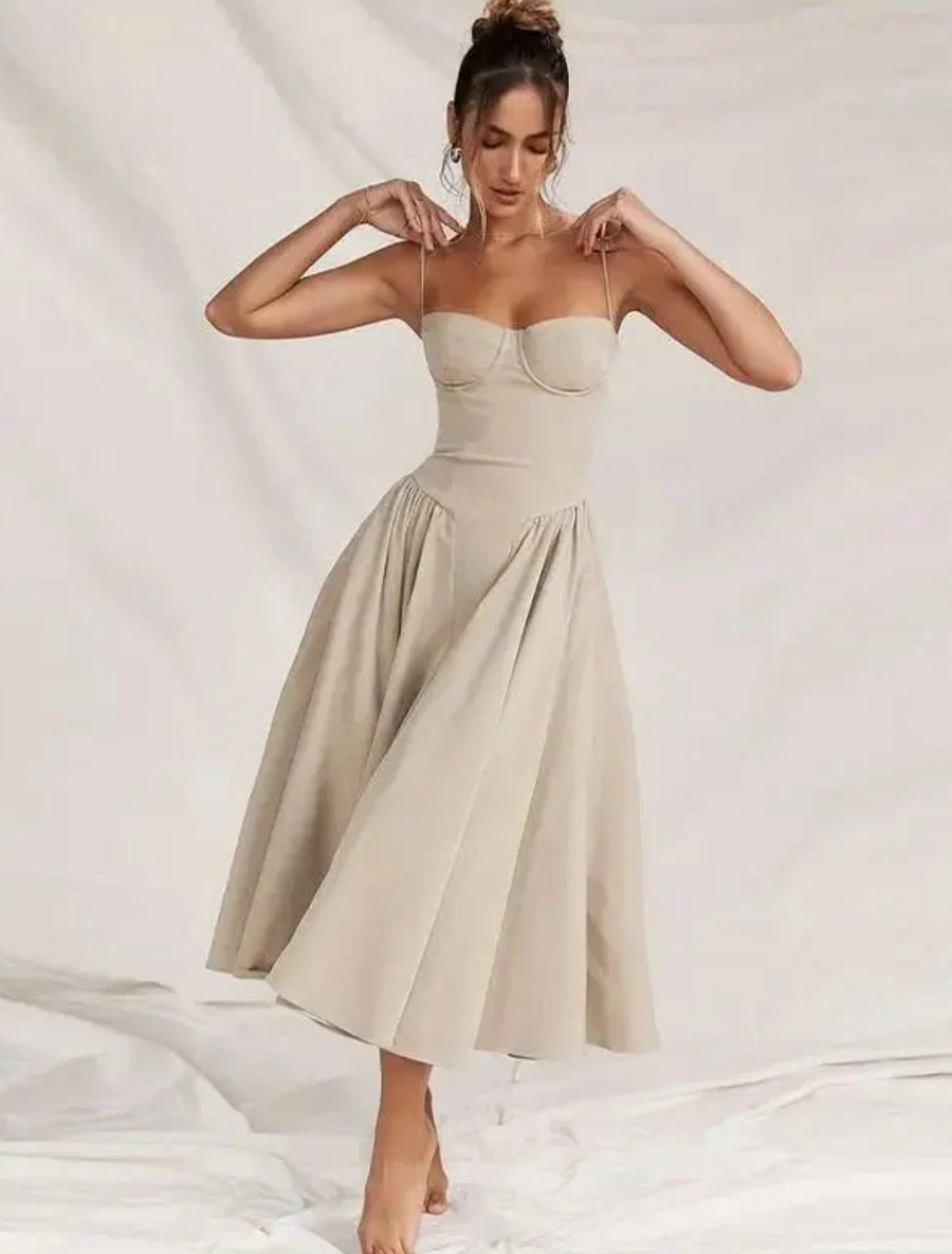 Women's Dress | Elegant Midi | V-Neck | Spring - Beige