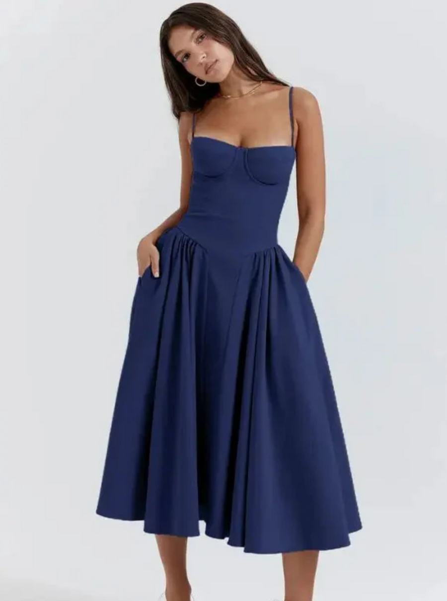 Women's Dress | Elegant Midi | V-Neck | Spring - Blue