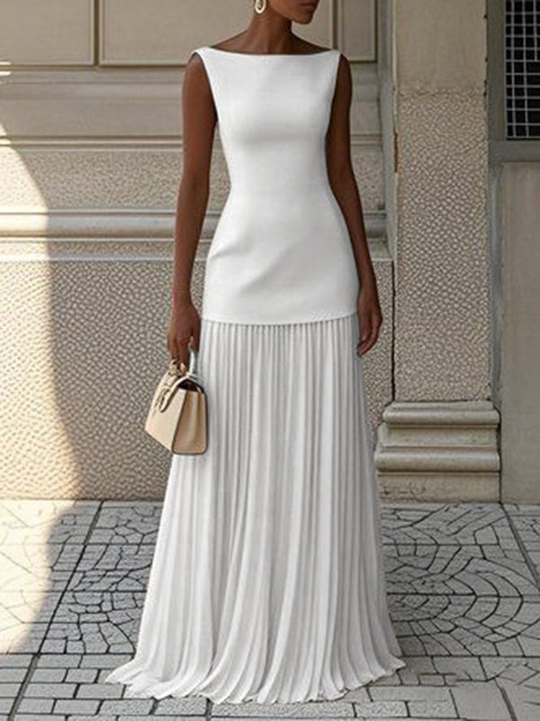 Women's Dress | Elegant Pleated Maxi | Summer - White