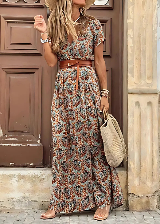 Women's Dress | Elegant V Neck Maxi | Summer - Brown