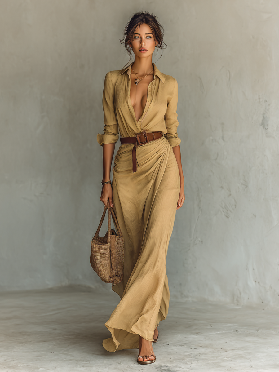 Women's Dress | Elegant Wrap Maxi | Summer - Khaki