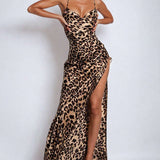 Women's Dress | Leopard Print | Maxi | Satin | High Slit | Evening - Leopard