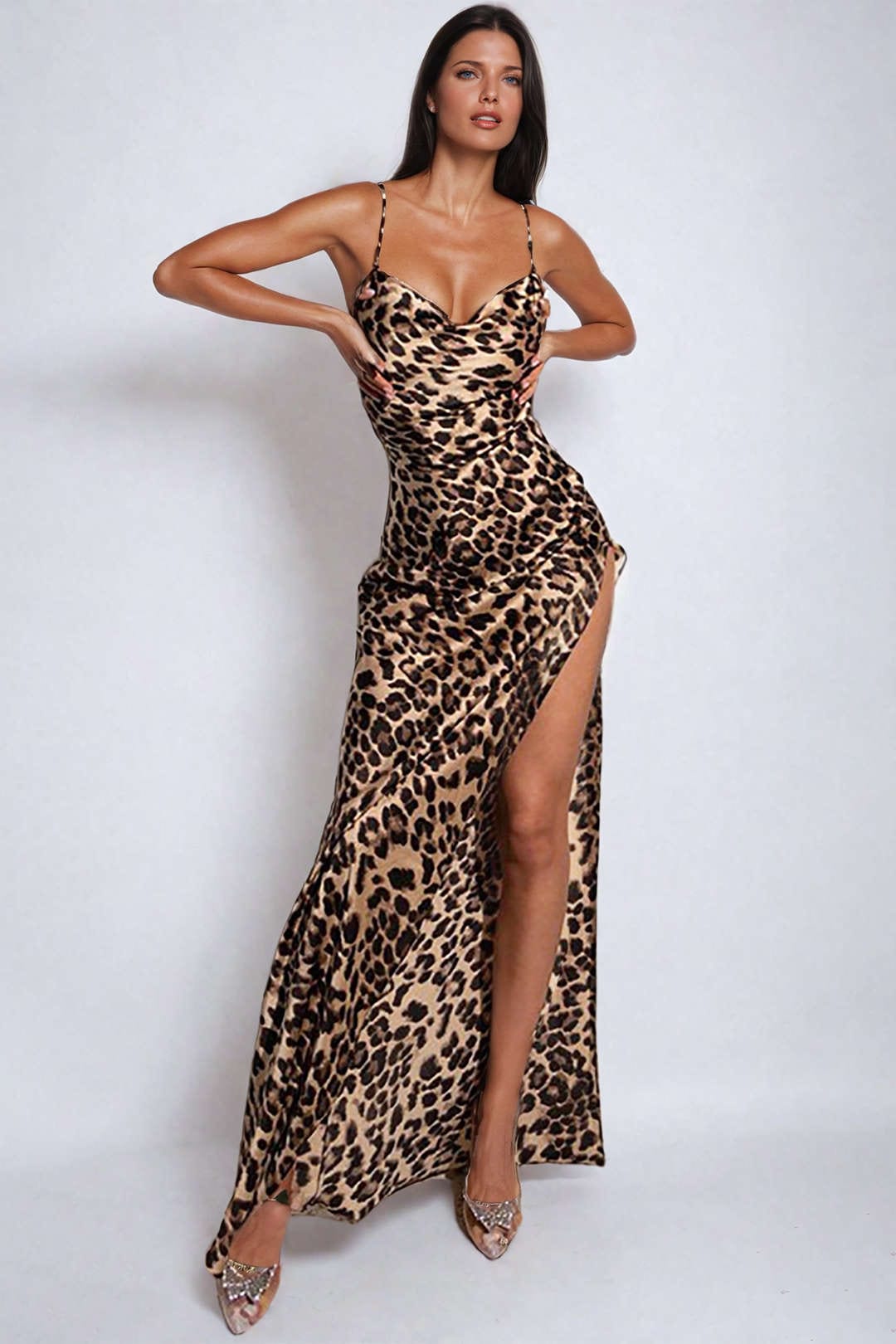 Women's Dress | Leopard Print | Maxi | Satin | High Slit | Evening - Leopard