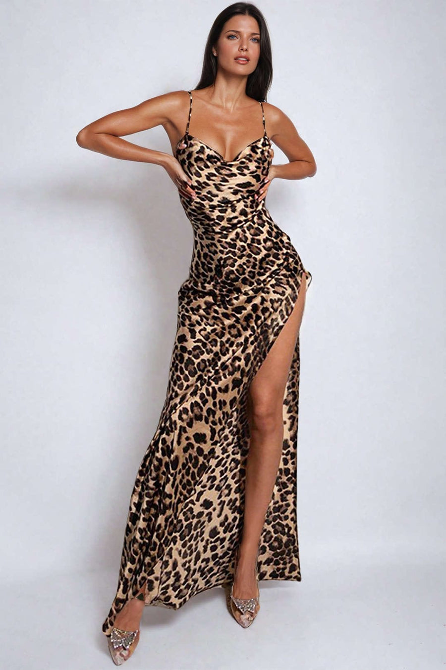 Women's Dress | Leopard Print | Maxi | Satin | High Slit | Evening - Leopard