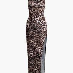 Women's Dress | Leopard Print | Maxi | Satin | High Slit | Evening