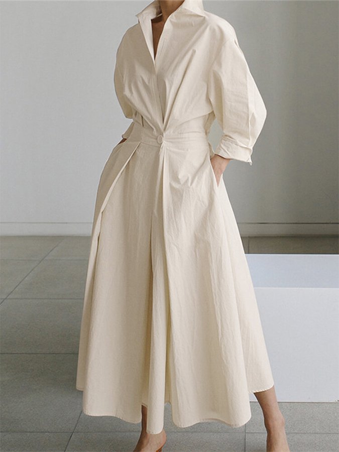 Women's Dress | Long Sleeve | Belted Waist | Spring - Beige