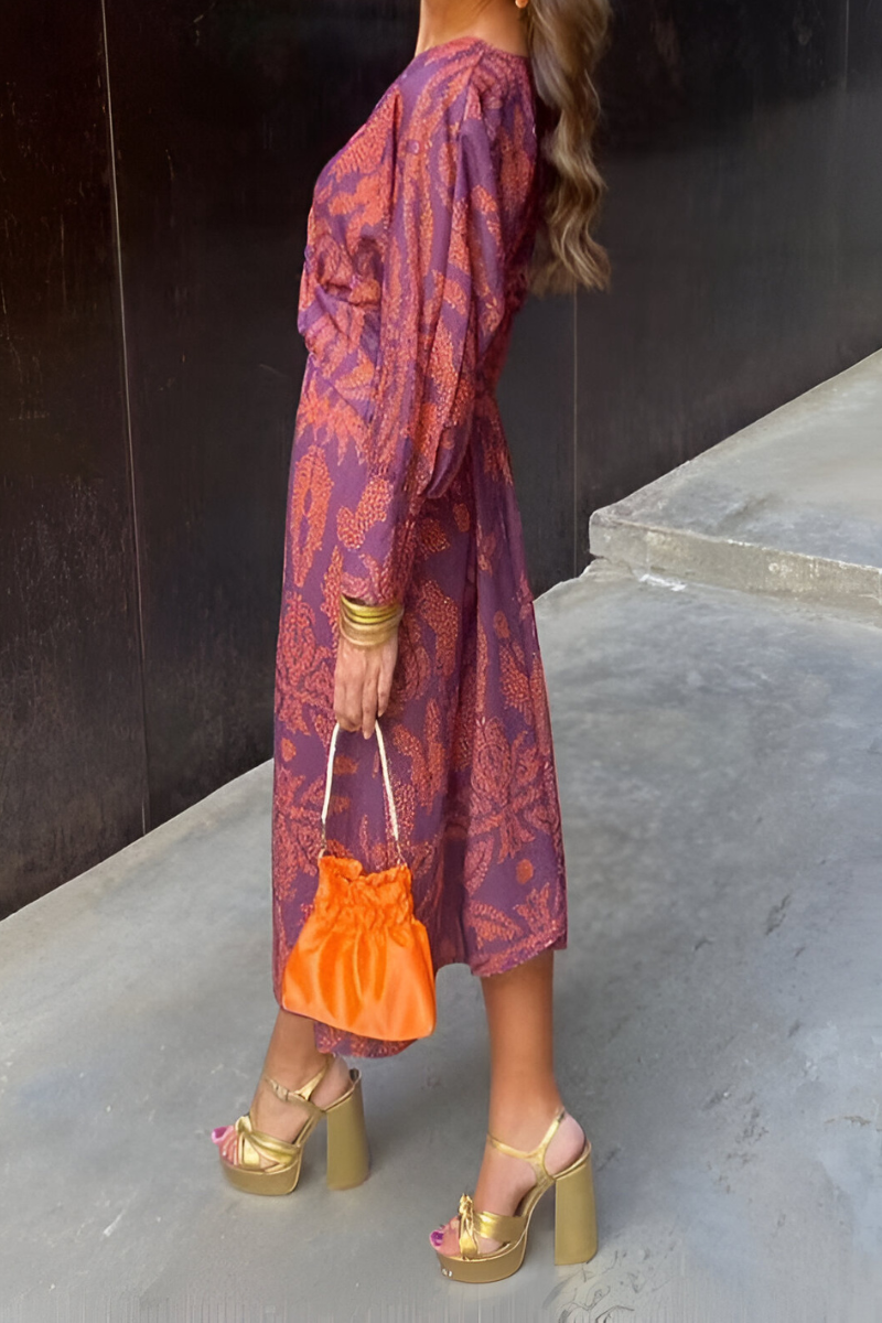 Women's Dress | Midi | Floral | V-Neck | Summer - Purple