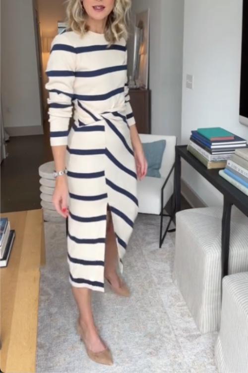 Women's Dress | Midi | Long Sleeve | Fall - Blue/Peach