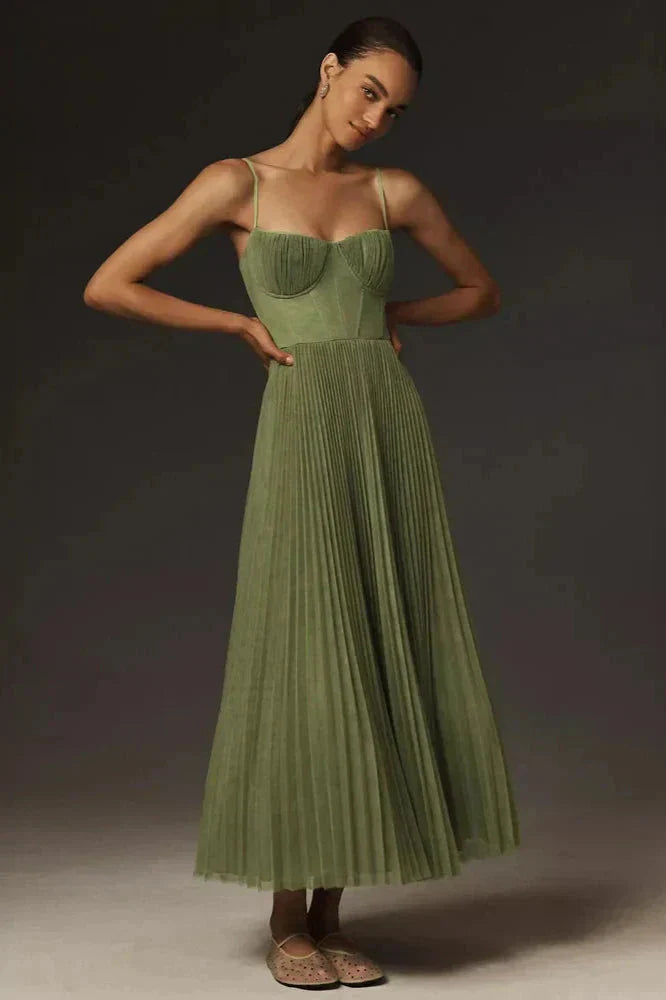 Women's Dress | Pleated Midi | Sleeveless | Summer - Sage