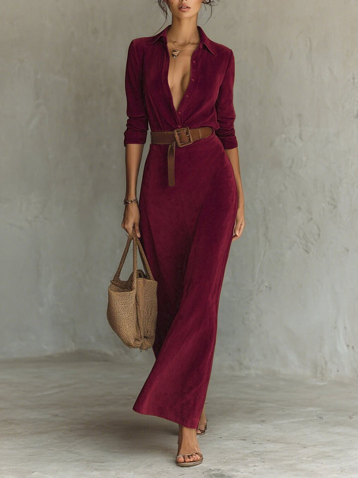 Women's Dress | Shirt Style Belt | Summer - Wine