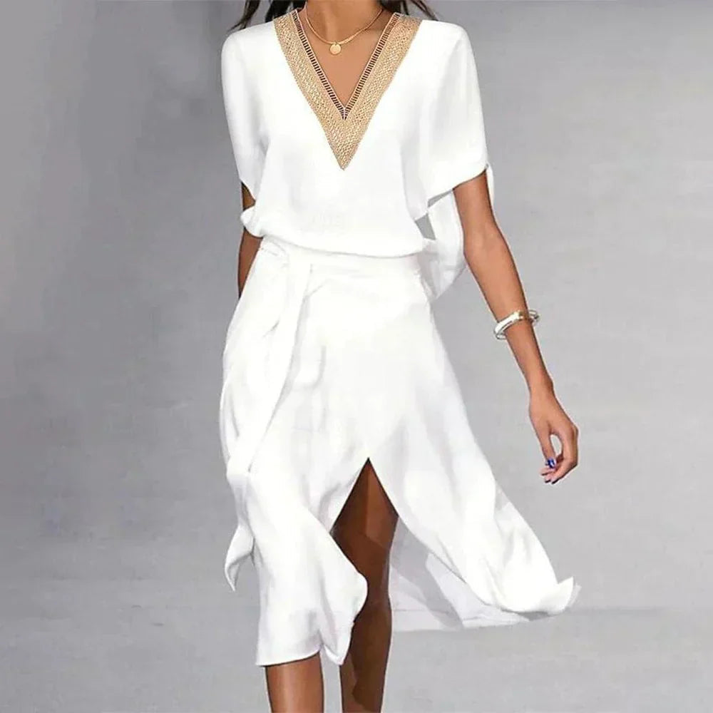 Women's Dress | V-Neck | Midi | White | Spring - White