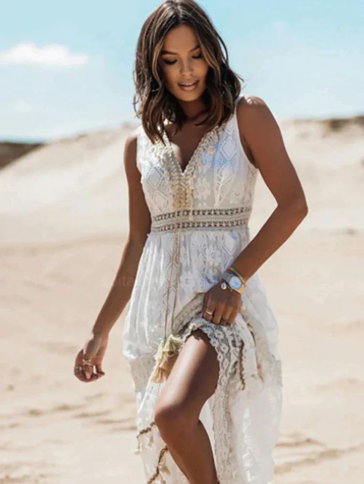 Women's Dress | Vintage | Sleeveless | Tiered Skirt | Summer - White