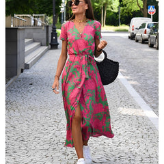 Women's Elegant A-Line Dress - Versatile Everyday Style | Summer - Green Pink