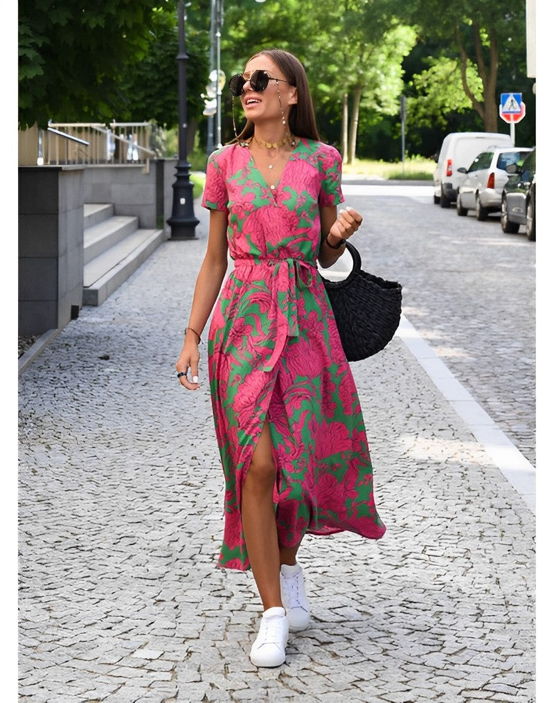 Women's Elegant A-Line Dress - Versatile Everyday Style | Summer - Green Pink