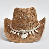Women's Elegant Beach Hat with Shell Trim - Adjustable Fit | Summer - Brown