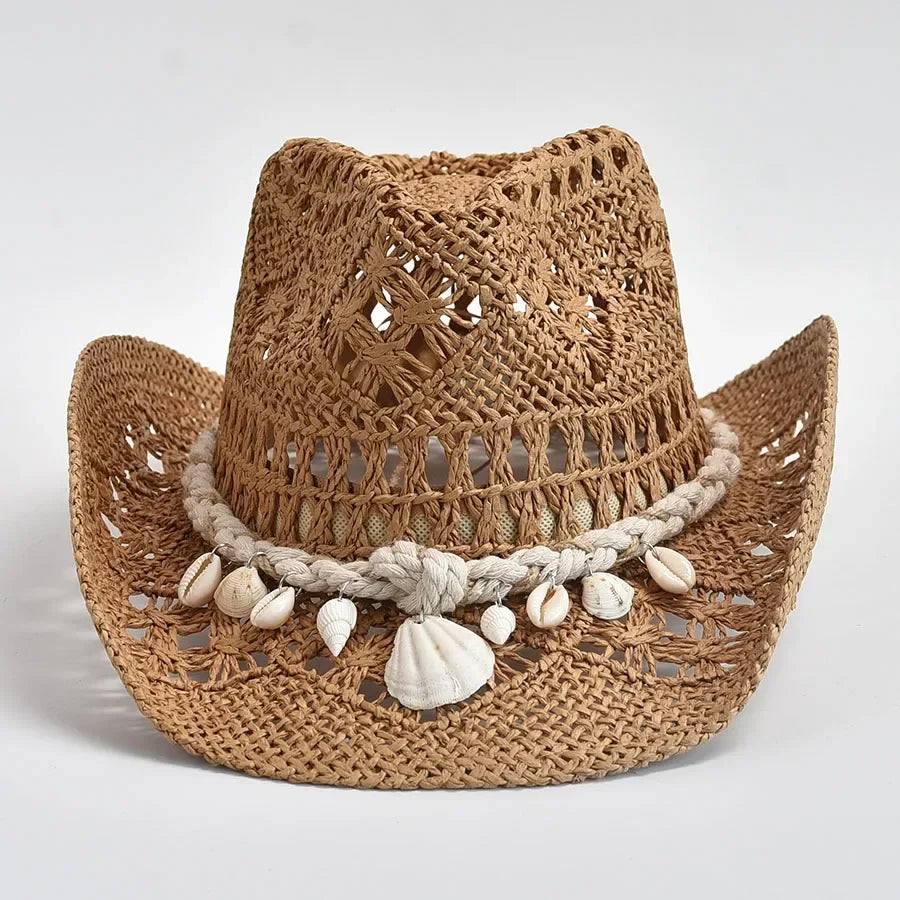 Women's Elegant Beach Hat with Shell Trim - Adjustable Fit | Summer - Brown