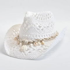 Women's Elegant Beach Hat with Shell Trim - Adjustable Fit | Summer - White