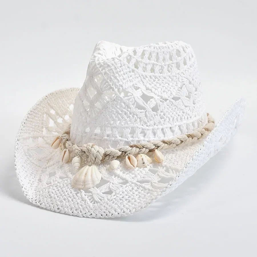 Women's Elegant Beach Hat with Shell Trim - Adjustable Fit | Summer - White