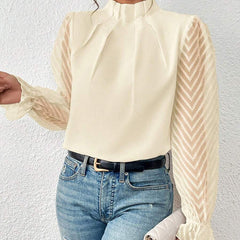 Women's Elegant Blouse | Puffed Sleeves | High Neckline | Spring - Beige