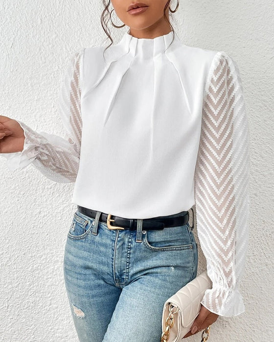 Women's Elegant Blouse | Puffed Sleeves | High Neckline | Spring - White