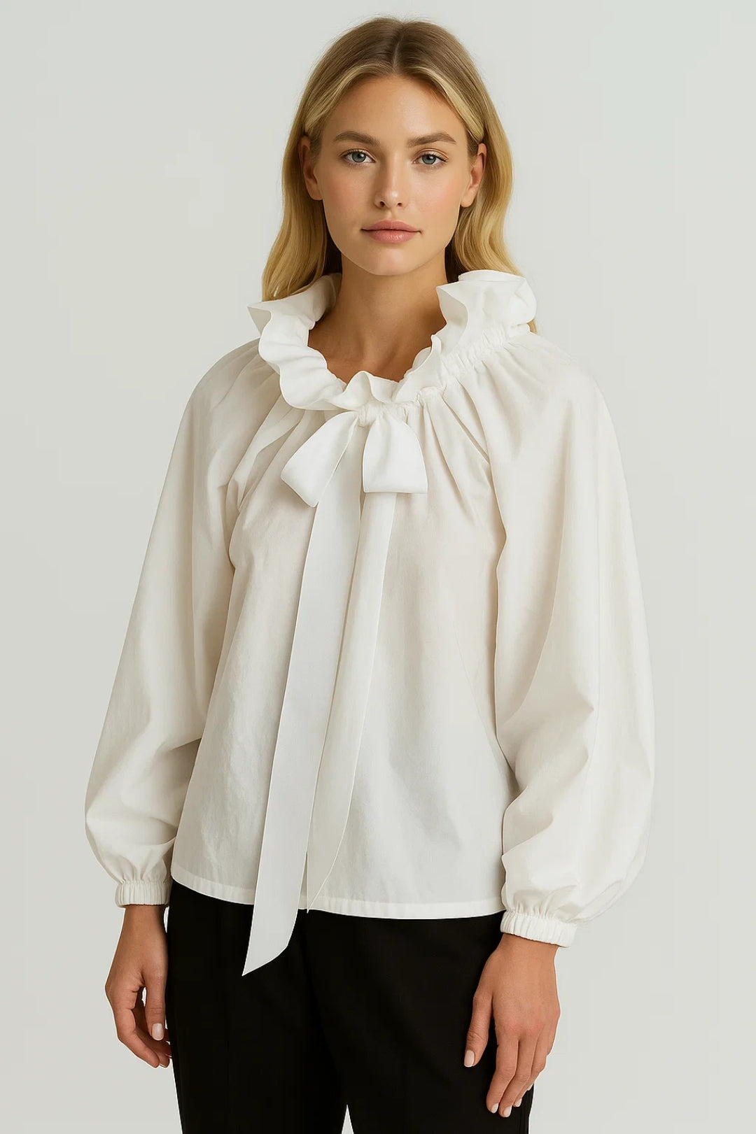 Women's Elegant Blouse | Textured Neckline | Autumn - White