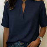 Women's Elegant Blouse with Refined Collar - Timeless Chic | Spring - Navy