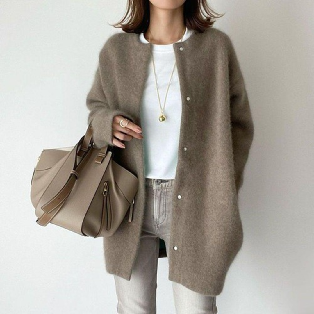 Women's Elegant Cardigan | Cotton Blend | Autumn - Coffee Brown
