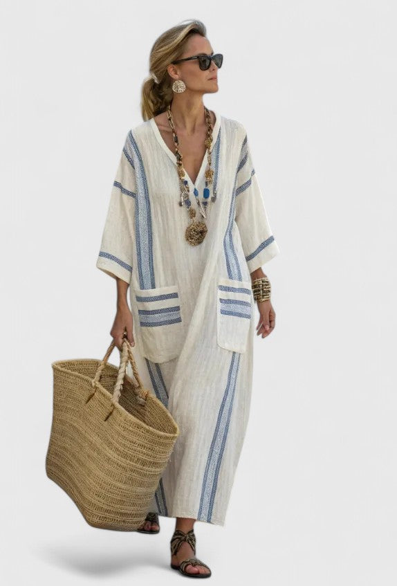 Women's Elegant Maxi Dress - Timeless Relaxed Fit | Summer - Beige Light Blue