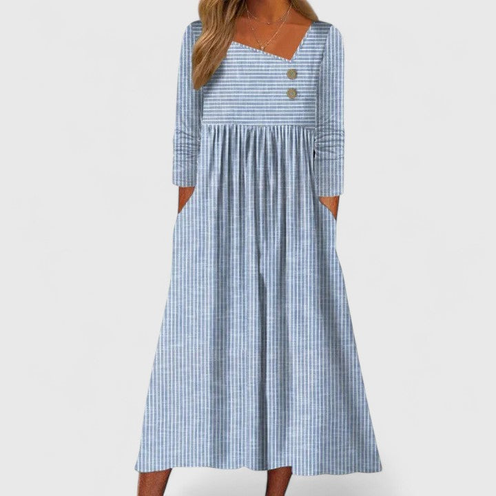 Women's Elegant Midi Dress - Asymmetric Button Detail | Spring - Blue