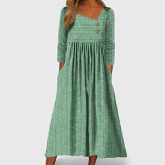 Women's Elegant Midi Dress - Asymmetric Button Detail | Spring - Green