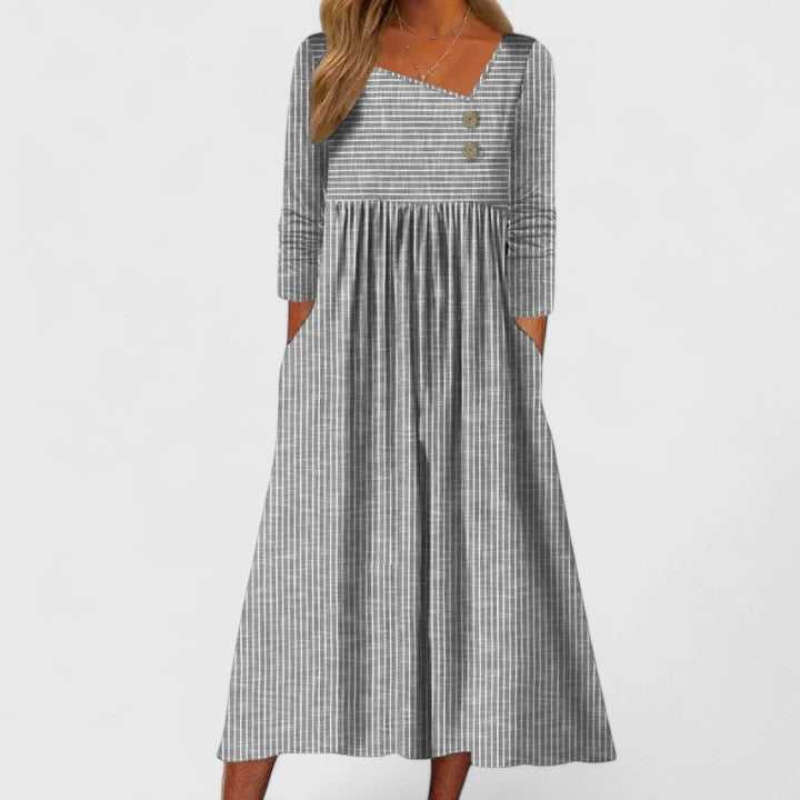 Women's Elegant Midi Dress - Asymmetric Button Detail | Spring - Grey