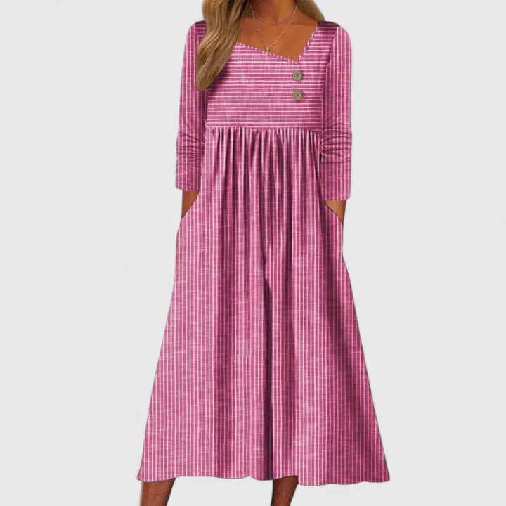 Women's Elegant Midi Dress - Asymmetric Button Detail | Spring - Pink