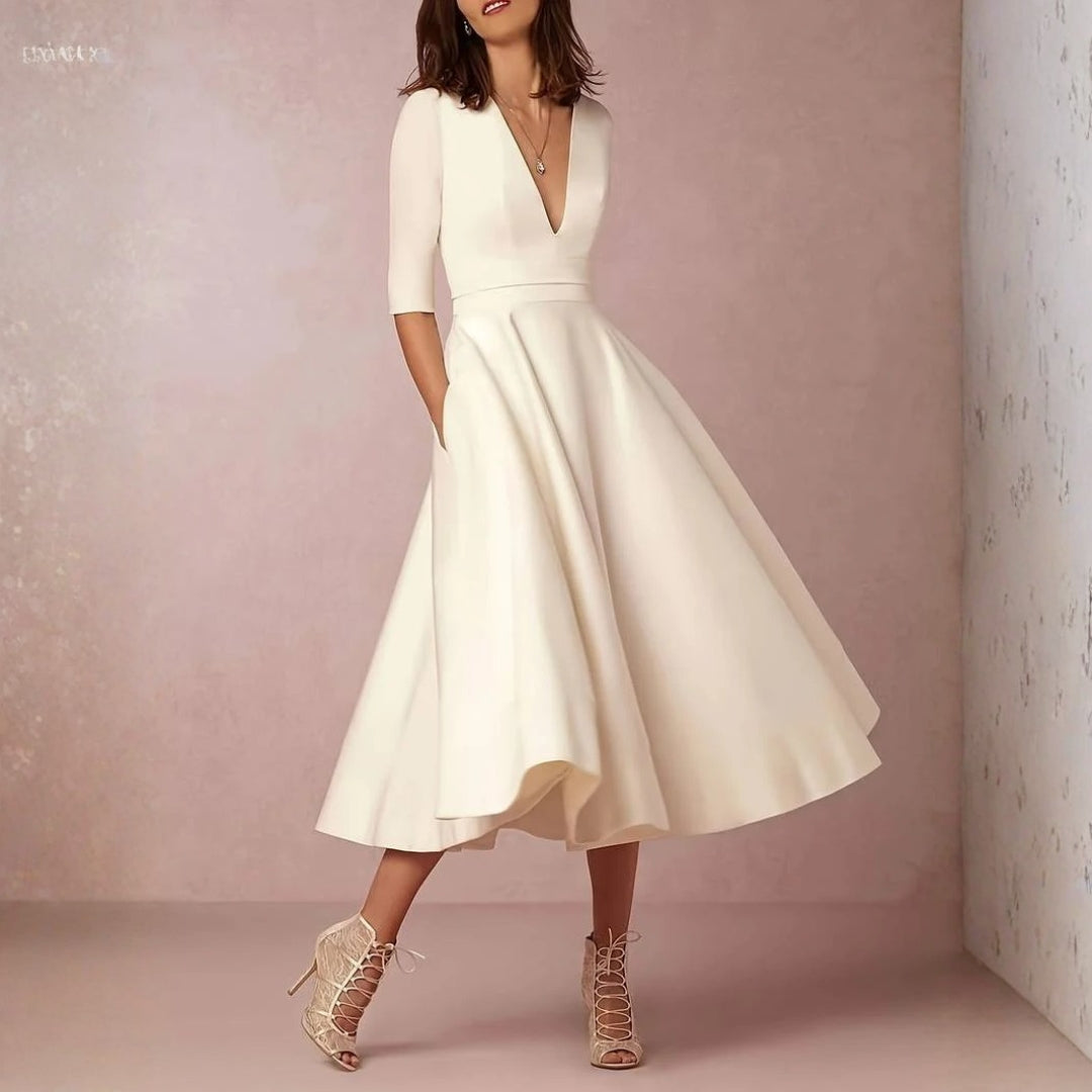 Women's Elegant Midi Dress - Flared Skirt Wedding Guest | Spring