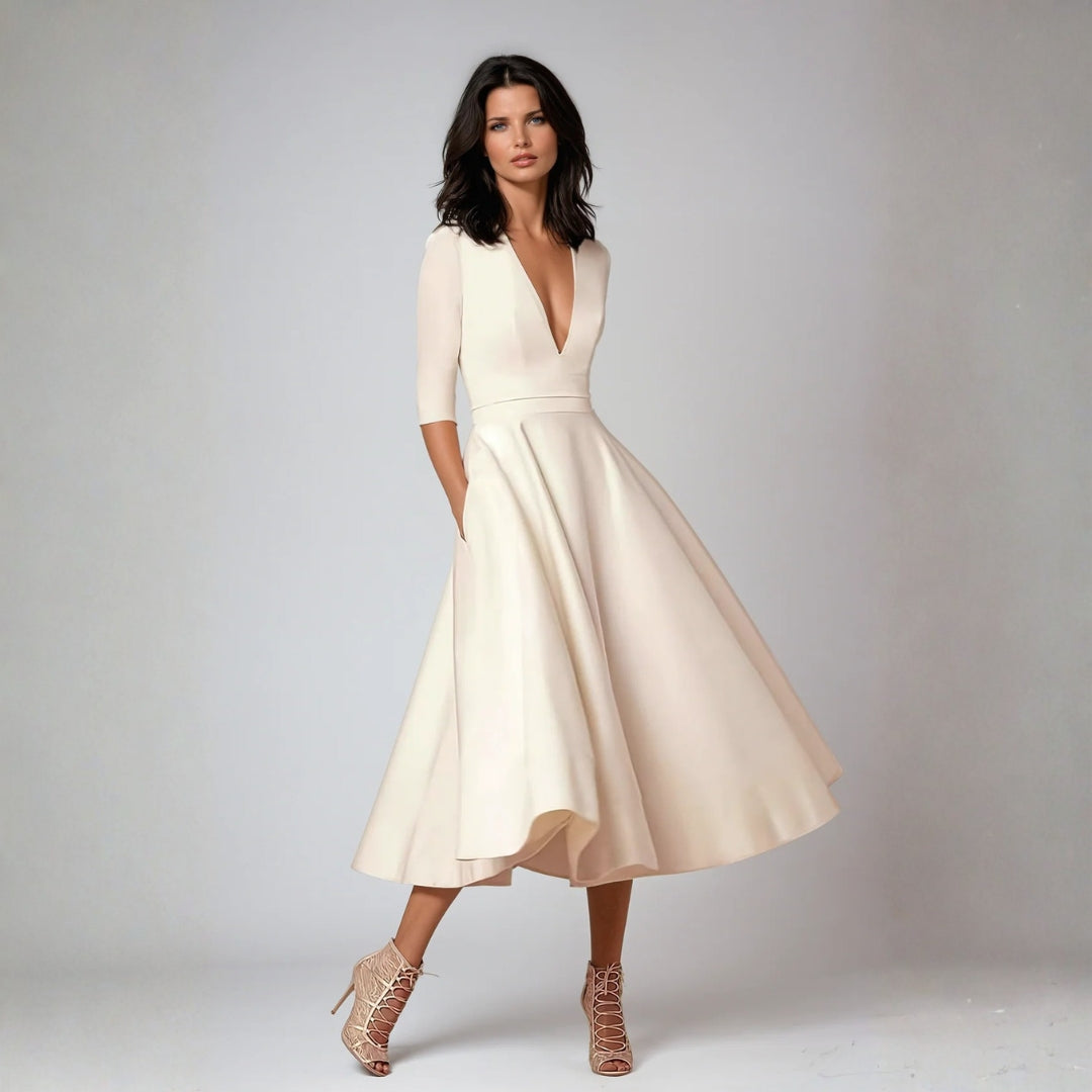 Women's Elegant Midi Dress - Flared Skirt Wedding Guest | Spring - White
